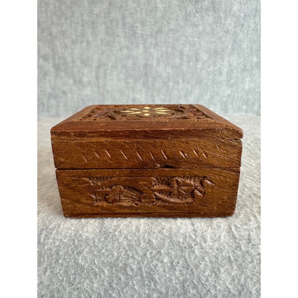Hand Carved Wooden Jewelry Box Trinket Keepsake Small Box Primitive Rustic India - Picture 2 of 15